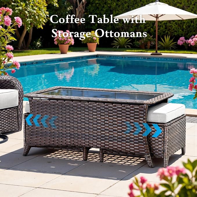 Belord Luxury 6" Thick Cushioned 8 Pieces Patio Furniture Set with Outdoor Couch, Wicker Outdoor Conversation Set with High Back Swivel Rocker Chairs for Deck Porch Yard and Poolside - Brown-Beige