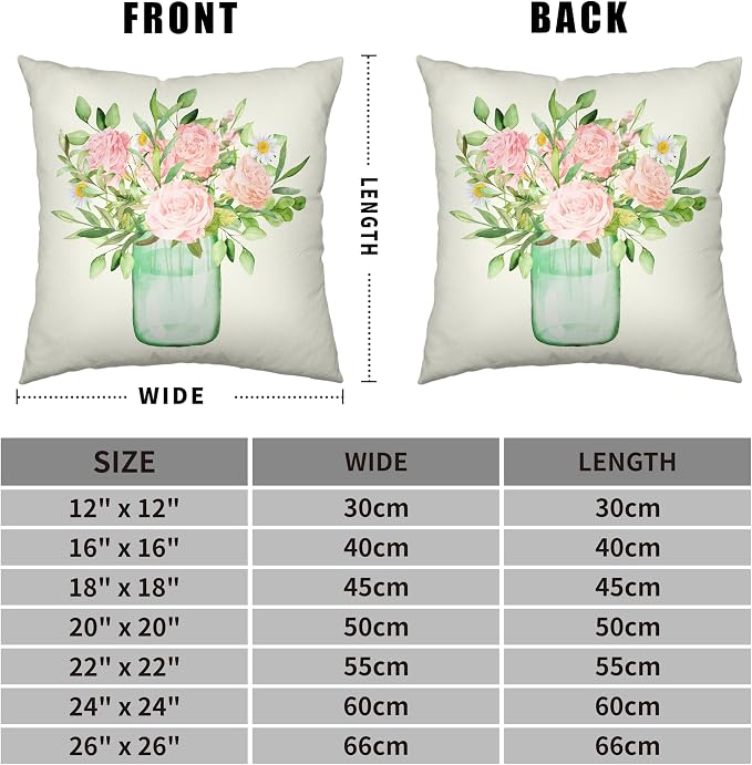 Spring Summer Rose Throw Pillows Case Pink Floral Decorative Cushion Case Shabby Chic Pillow Covers 20x20 Square Cotton Linen Pillowcase for Sofa Couch Bed, Set of 2