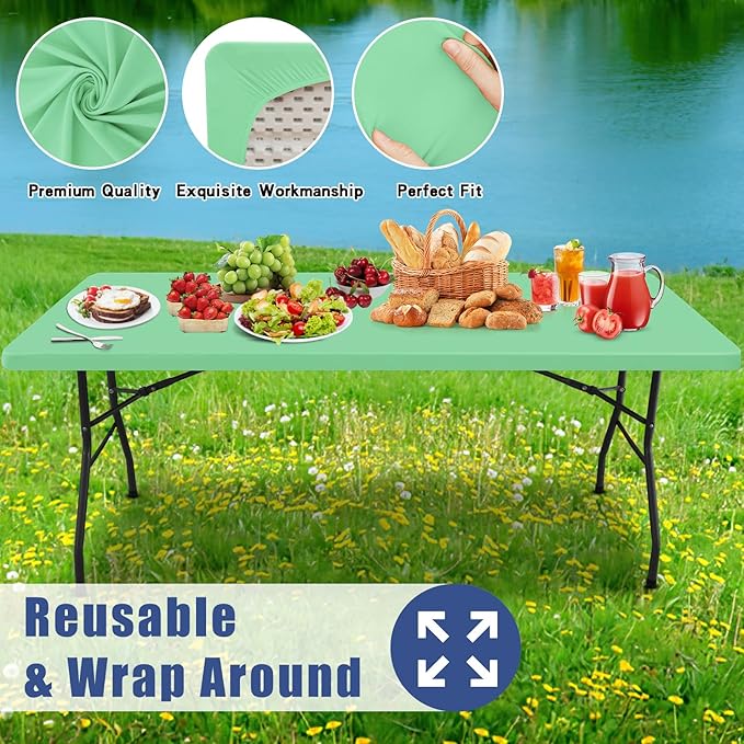 Moosfor Spandex 5 Foot Rectangle Table Cloth 2 Pack, Elastic Fitted Tablecloths for Picnic, Stretch Washable Patio Table Cover for Outdoor, Camping, Banquet and Parties (Bright Green, 30"x60")