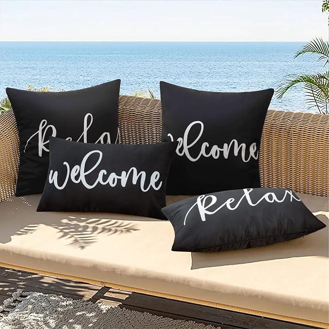 Merrycolor 2 Pack Black & White Outdoor Waterproof Modern Rectangular Throw Pillow Covers, 20" x 12", Welcome Letter Print, Living Room, Outdoor Activities
