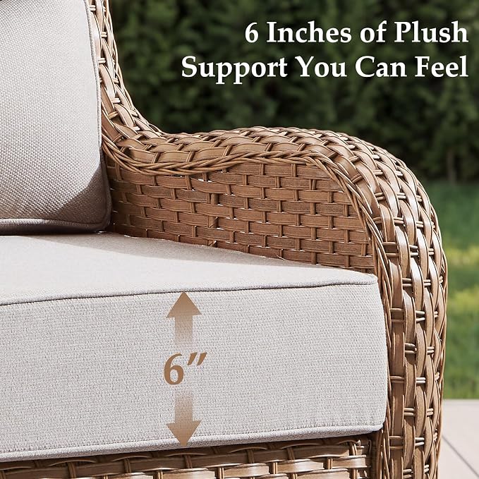 Luxury High Back Patio Furniture Set with 6-Inch Thick Cushions, 6-Pieces Outdoor Furniture with Swivel Chairs &Side Table, Wicker Conversation Set for Porch, Balcony, Deck and Yard, Yellow/Beige