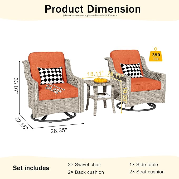 HOOOWOOO 3 Piece Patio Furniture Bistro Sets,Outdoor Wicker Swivel Rocking Chairs with Table Set,All Weather Resistant High Back Rattan Conversation Set(Red)