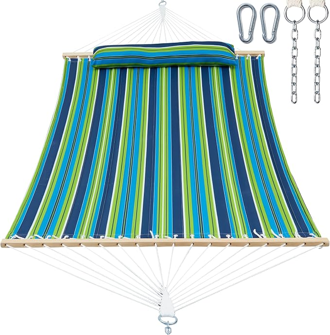 GAFETE Hammock 2 Person Quilted Fabric Hammocks for Outside, Double 12ft Hammocks with Spreader Bar, Large Removable Pillow, Storage Bag, Carabiners, Max 475 lbs Capacity (Garden)
