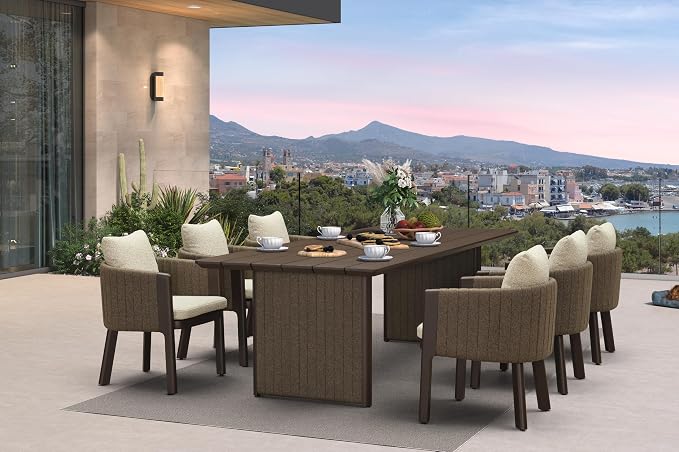 PURPLE LEAF Luxury 7-Piece Oversize Outdoor Dining Set for 6 Powder-Coated Aluminum Patio Table and Handwoven Olefin Rope Chairs with Cushions Weather-Resistant Patio Furniture Bronze Sand Color