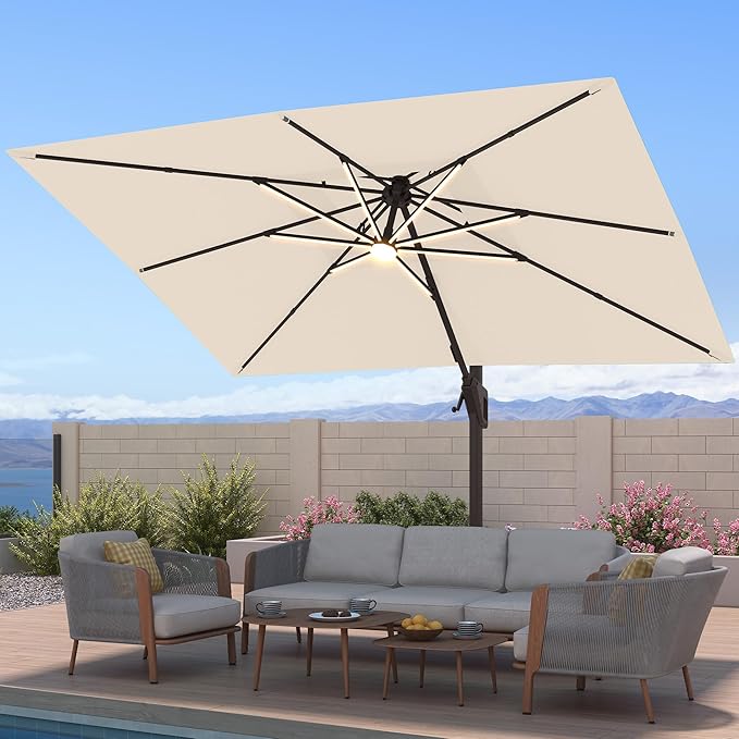 10x13 FT Patio Umbrella with LED Lights Cantilever Outdoor Large Heavy Duty Rectangle Aluminum Offset Umbrellas Double Top 360 Rotation 7 Tilt Adjustment for Pool Deck Garden, Beige