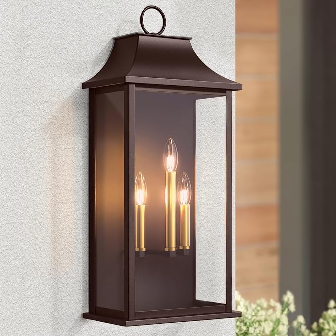 Dusk to Dawn Outdoor Wall Light, 25.3", Oil Rubbed Bronze | 3-Light, Large Outdoor Light Fixture, Waterproof Exterior Wall Lantern, For House Porch Patio