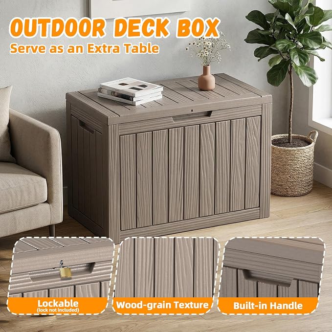 ROJIK Outdoor Storage Box, 55 Gallon Waterproof Deck Box, Weatherproof Resin Outside Storage Bin for Patio Furniture, Garden Tools, Pool Accessories, Cushion, Grey