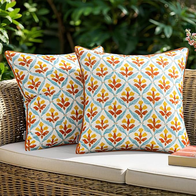 MIULEE Outdoor Floral Pillow Covers Waterproof 18x18 Orange Teal Red | Decorative Block Print,Boho Farmhouse, Set of 2 Coastal Summer Cushion Covers with Piping,Garden Patio Furniture Porch Couch