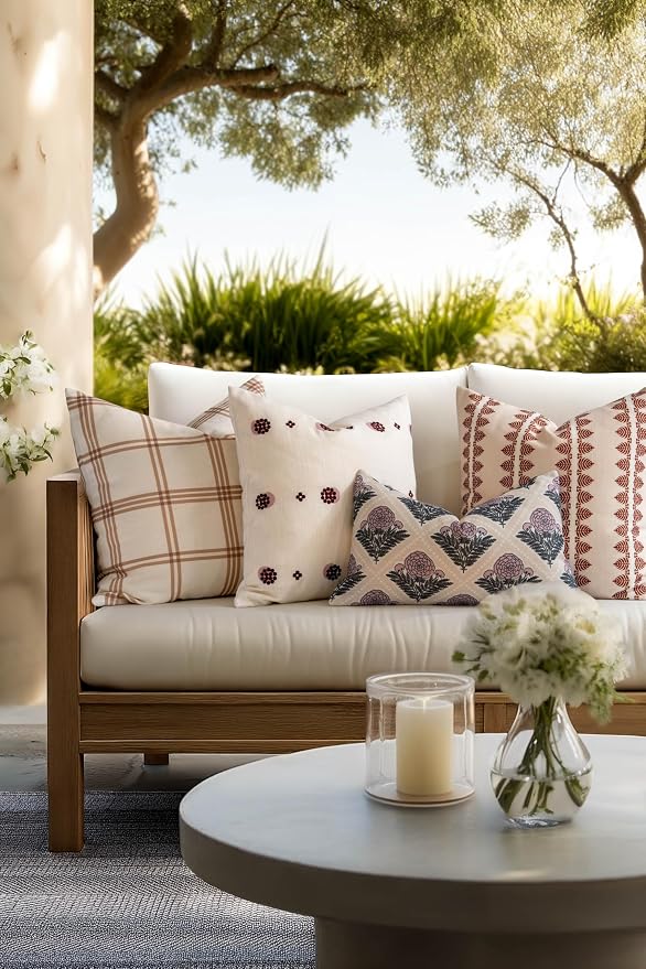 Crumbs Home Modern Farmhouse California Casual Indoor Outdoor Lumbar Pillow Cover, 12"x20" Water Repellent for Patio, Backyard, Couch, Earth Tone Dark Rose Tan Block Print Vintage Hydrangea Flowers
