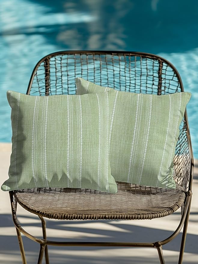 Waterproof Outdoor Pillow Set of 2 Olive Green Linen Stripes Decorative Throw Pillows Cover & Insert 16x16 Inch Pillowcase Parallel Vertical Lines Pillows for Couch Sofa Bed Patio Furniture