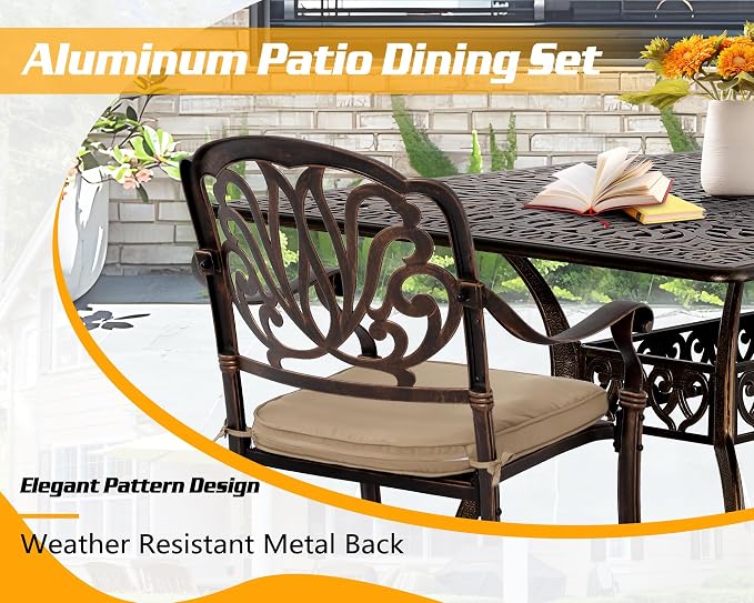 TITIMO 9-Piece Cast Aluminum Patio Furniture Set, Outdoor Patio Dining Set Bistro Conversation Set, Rectangular Dining Table Set w/Cushions Umbrella Hole (Khaki-Fixed Elizabeth Chair, 9 Pcs)