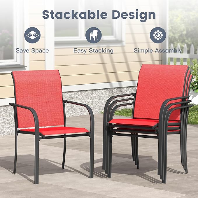 VICLLAX 3 Pieces Patio Outdoor Dining Set, 28" Square Metal Table and 2 Stackable Textilene Chairs for Patio, Lawn, Garden, Porch, Black/Red