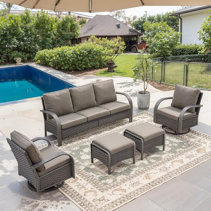 Belord Outdoor Swivel Rocker Patio Chairs Set of 2, 3 Piece Wicker Patio Bistro Set with Metals Side Table and Comfort High Back 4" Cushion Outdoor Patio Glider Chair for Balcony Deck Porch