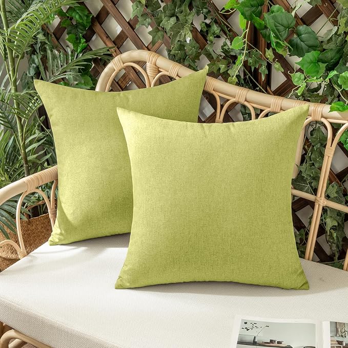 Outdoor Waterproof Throw Pillow Covers Moss Green 18x18 Set of 2 | Decorative Farmhouse Linen Pillowcases Solid Cushion Cases for Patio Tent Balcony Couch Sofa Living Room