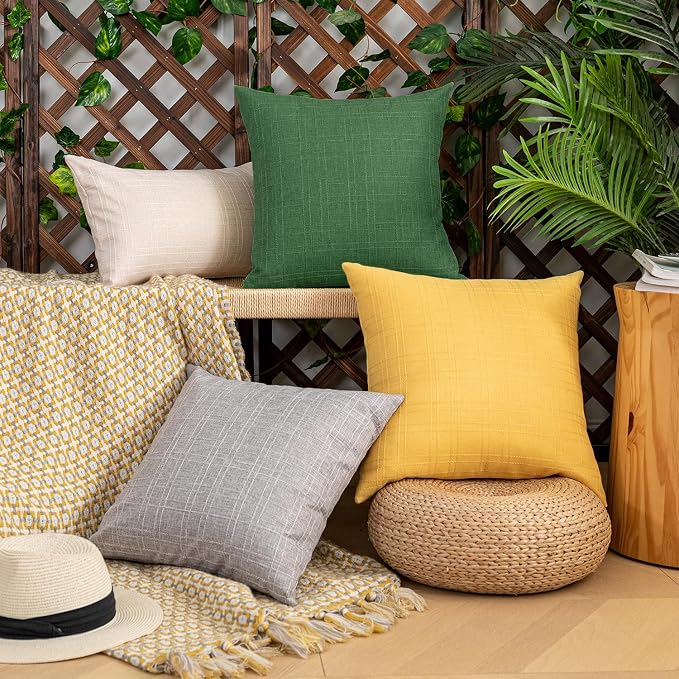 Kevin Textile Outdoor Waterproof 20”x20” Pillow Covers 2 Pack, Dark Green | Water Resistant, Soft Faux Linen-cotton Yarn-dyed Woven Texture Throw Pillow Covers for Tent Patio Garden Couch Sofa