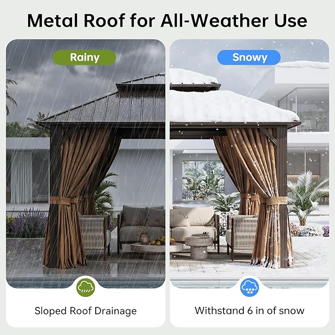 12x12FT Hardtop Gazebo, Metal Frame with Double Galvanized Steel Roof, Permanent Outdoor Pergola with Curtains and Netting Included for Backyard, Patio, Lawn and Garden, Brown