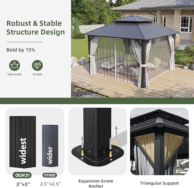 Aoxun 12’x12’ Hardtop Gazebo, Permanent Metal Pavilion with Galvanized Steel Double Roof, Outdoor Pergola with Nettings and Curtains for Lawn, Garden, Patio (Gray)
