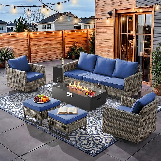 HUMMUH Patio Furniture Set with Fire Pit Table,7 Piece Wicker Outdoor Conversation Sets -Outdoor Swivel Rocker Chairs Patio Sofa for Porch,Garden,Backyard