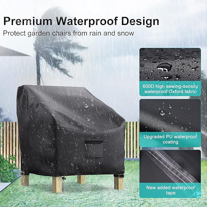 Patio Chair Covers for Outdoor Furniture Waterproof 2 Pack, Lawn Chair Covers 600D Heavy Duty Oxford Cloth, Large Covers for Lounge Lawn Deep Seat Black 33"W×34"D×31"H