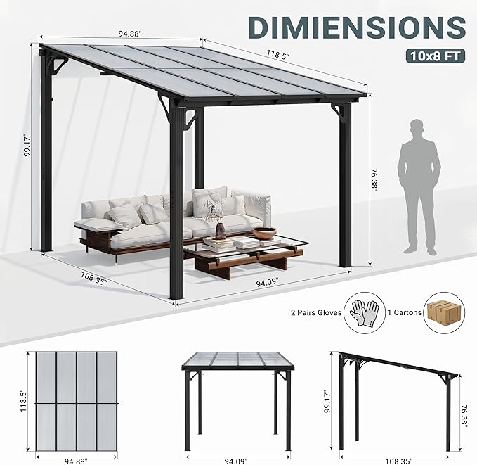 AirWire 10'x8' Wall-Mounted Lean to Gazebo with Aluminum Frame & Polycarbonate Panel, 8x10 FT Hardtop Pergola with Sloped Roof for Backyard, Porch, Deck