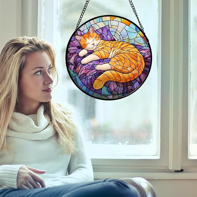 Stained Glass Window Hanging Sleeping Orange Cat 9.8" - Memorial Gift Suncatcher Door Sun Catcher Decor Birthday Christmas for Lost Pets Mom Men Woman Friend