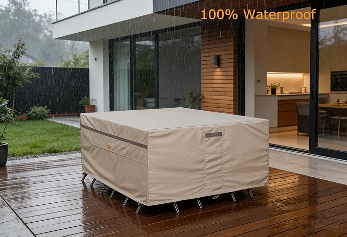 600D Heavy Duty Waterproof Patio Furniture Covers UV Resistant Rectangualr Outdoor Table and Chair Covers 136" Wx 74" D x 28" H Beige