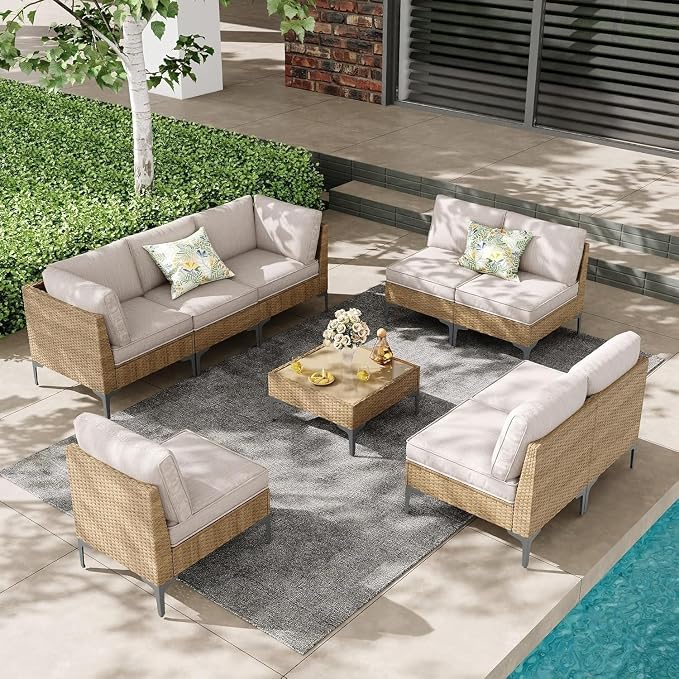 Beige All-Weather Wicker Sectional Sofa 9 Piece Outdoor Patio Furniture Set with Coffee Table Thick Anti-Slip Cushions for Backyard Lounge Garden