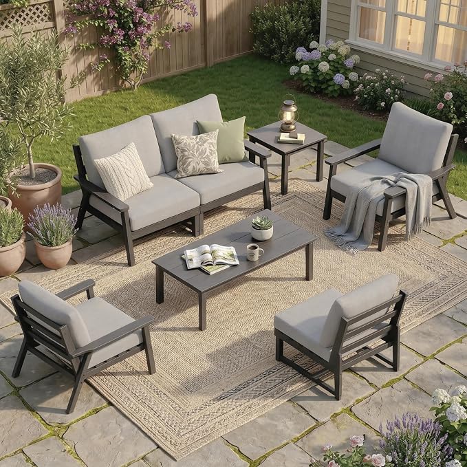 LOUNZY HDPE Outdoor Furinture Set, 7 Piece Sectional Sofa Patio Furniture Set, All Weather Outdoor Couch Set Patio Furniture Set for Deck, Lawn, Grey