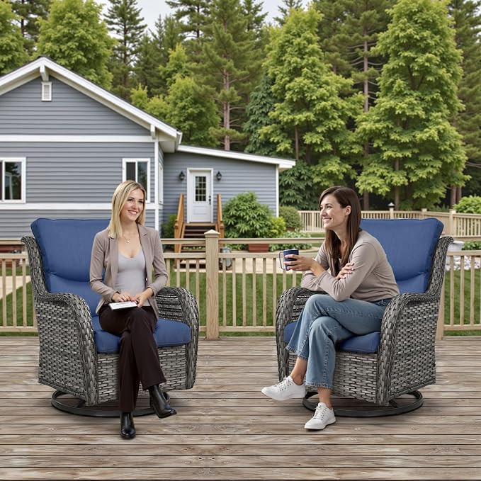 Outdoor Swivel Rocker Patio Chairs Set of 4 with Ottoman Coffee Table - 5" Thick Cushion 7 Piece Furniture Set All Weather Comfortable Wicker Conversation Set for Porch Deck - Gray/Blue
