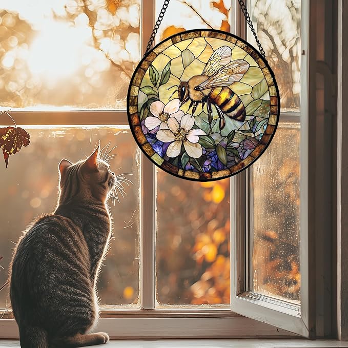 Stained Glass Window Hanging, Vintage Bee Yellow Flower Sun Catcher for Window Door Home Decor Suncatcher Christmas Mother's Day Birthday Gifts for Women Men Mom and Nana 15 in