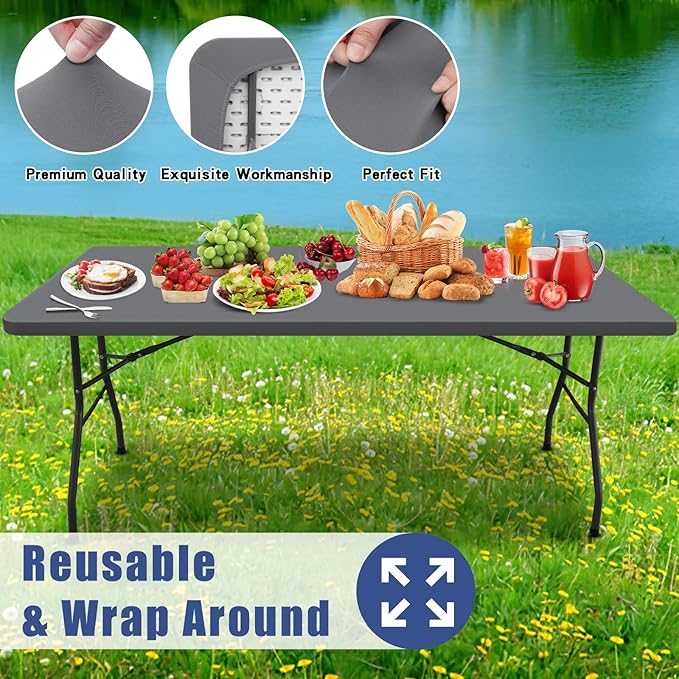 Moosfor Spandex 6 Foot Rectangle Table Cloth 2 Pack, Elastic Fitted Tablecloths for Picnic, Stretch Washable Patio Table Cover for Outdoor, Camping, Banquet and Parties (Grey, 18"x72")