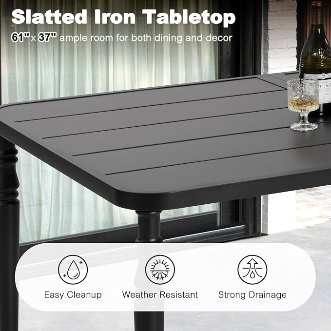 NUU GARDEN 7-Piece Outdoor Metal Dining Set, Weather-Resistant Patio Furniture, 61” x 37” Rectangle Dining Table with Umbrella Hole and 6 Stackable Chairs for Backyard, Balcony, Garden, Lawn, Black