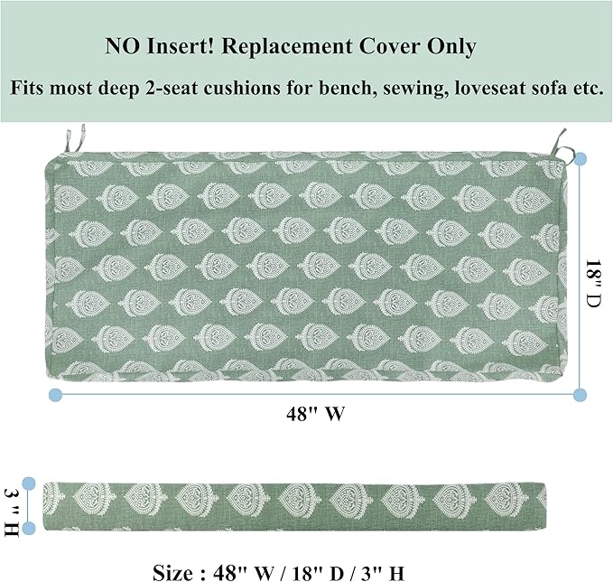 FUNHOME Outdoor Bench Cushion Covers 48" x 18" x 3", No Insert! Patio Bench Cushion Covers for Outdoor Furniture,Water Resistant Patio Loveseat Cushion Cover 1 Pack, Fair Green (Covers ONLY)