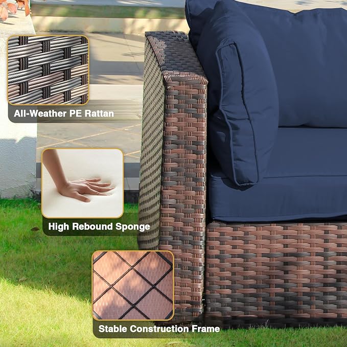5 Pieces Patio Furniture Set with 44" Fire Pit Table, Rattan Outdoor Sectional Conversation Sets, All Weather Outdoor Furniture Set with Cushions for Garden Lawn Balcony Porch Deck Blue
