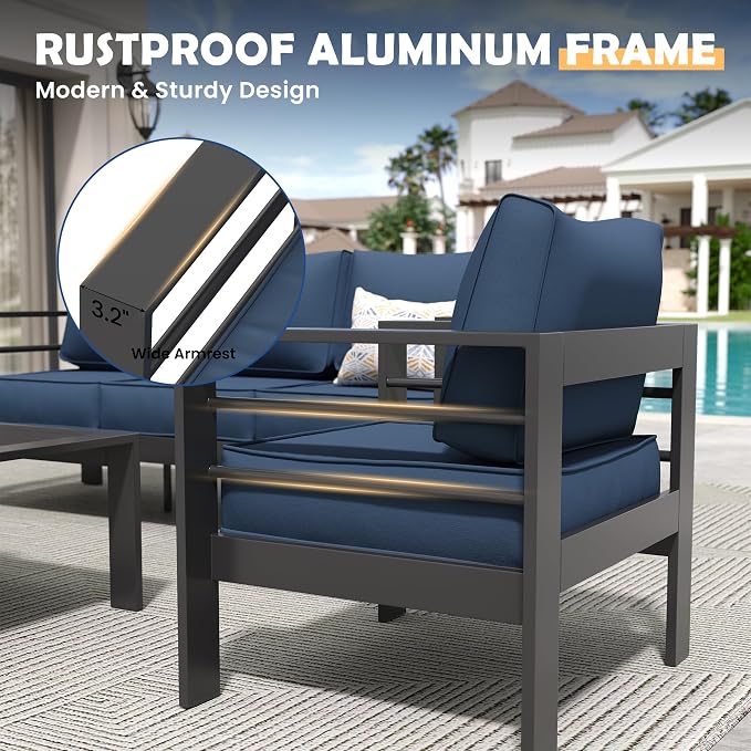 Amopatio Aluminum Patio Furniture, 6 Pieces Metal Outdoor Furniture Set, Outdoor Sectional Modern Sofa Sets with Coffee Table for Pool, Garden, Dark Grey&Blue (Included Waterproof Covers)