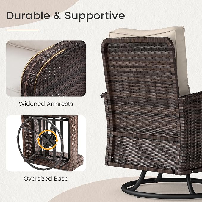 Kromax Outdoor Patio Furniture Set, All-Weather Wicker Swivel Glider Chairs Set of 2 with Coffee Table Table & Thick Machine Washable Cushions for Backyard, Garden, Porch, Brown/Beige