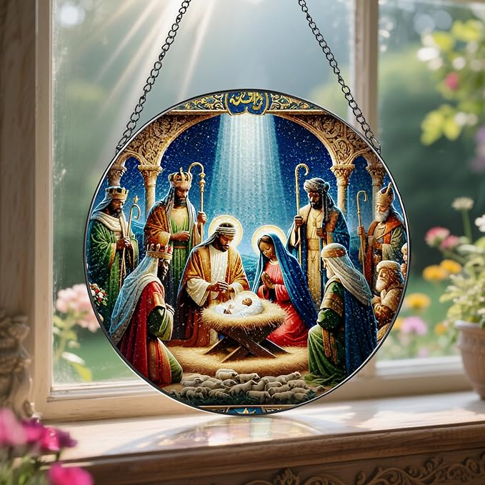 Stained Glass Suncatcher, Black Nativity Scene Sun Catcher Ornament; Stained Glass Window Hanging, Christmas Ornament, Christian Decor; Gifts for Christmas, Christian Gift, Religious Gift