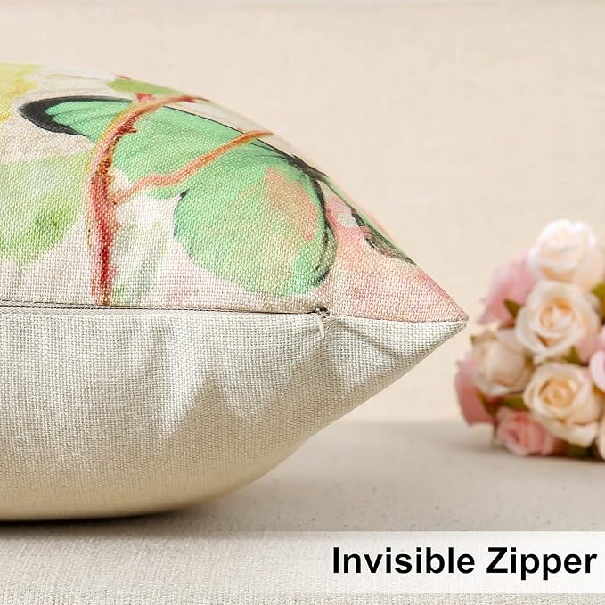 Artscope Set of 4 Waterproof Throw Pillow Covers 18x18 Inches, Pink Roses and Butterfly Pattern Decorative Cushion Covers, Perfect to Outdoor Patio Garden Living Room Sofa Farmhouse Decor
