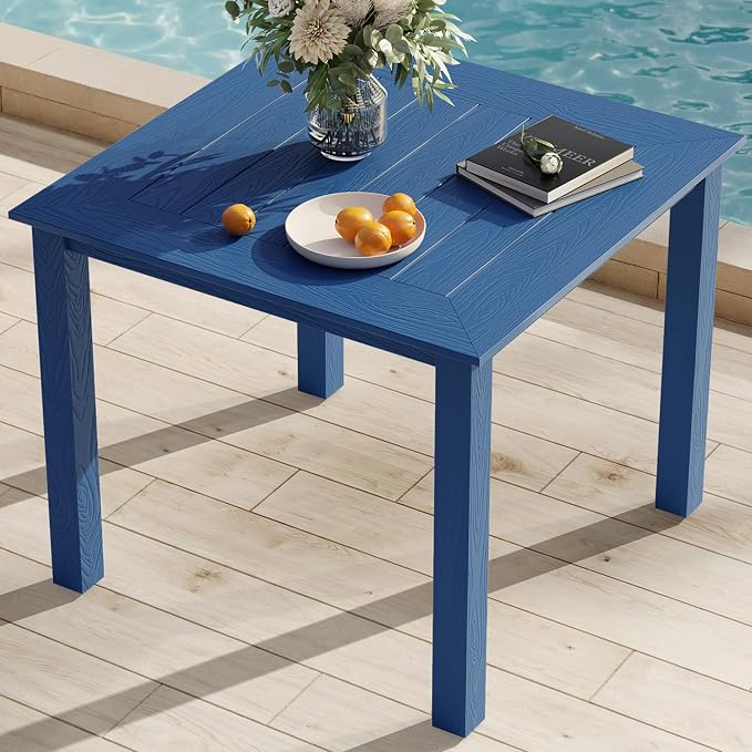 YEFU Outdoor Patio Table HIPS: Square Wood Grain Waterproof Easy-Clean All-Weather Patio Dining Table - Rust-Resistant Modern Outdoor Dining Table for Backyard Garden Deck Poolside（Navy）