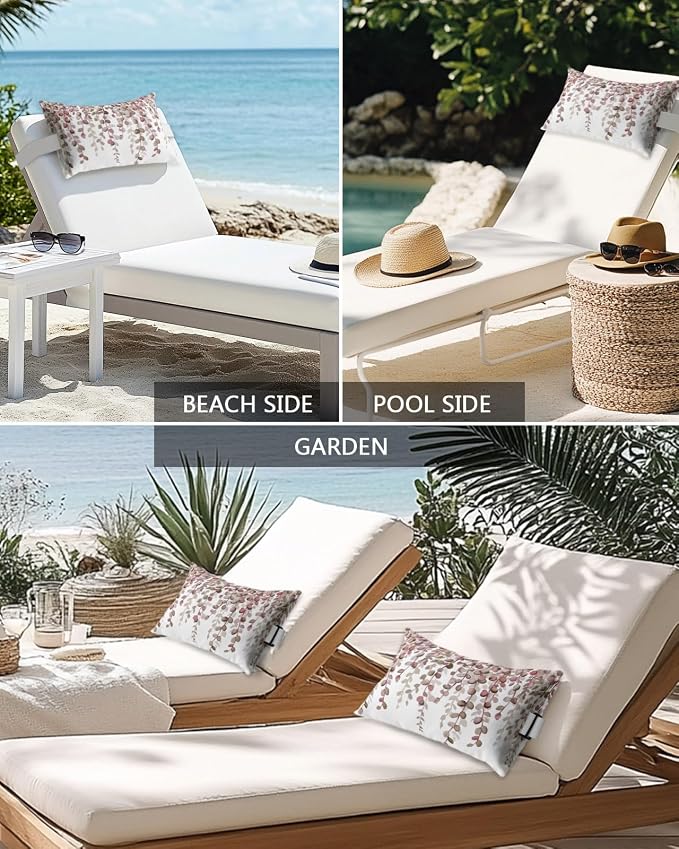 Outdoor Pillows Waterproof Covers Set of 2, Brown Eucalyptus Leaves Adjustable Elastic Chaise Lounge Headrest Pillow Covers, Watercolor Branches Lumbar Pillow for Pool Beach Patio Furniture 20x12 Inch