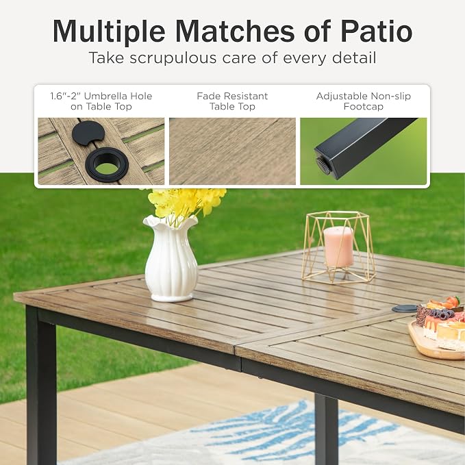 PHI VILLA 7 Piece, Outdoor Dining Set, 65"x39" Table, Umbrella Hole | Metal, Swivel Chairs, Cushions, Weather-Resistant, Rust-Resistant, 300 lbs Capacity