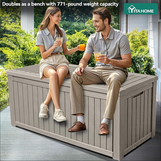 YITAHOME 180 Gallon Large Deck Box w/Divider, XL Waterproof Outdoor Storage for Patio Furniture,Outdoor Cushions, Garden Tools, Sports Equipment and Pool Supplies, Resin, Lockable, Taupe
