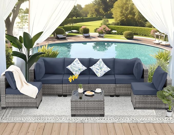 FHFO 7 Piece Outdoor Wicker Patio Furniture Set, Grey/Blue | Sectional Sofa | All-Weather Hand-Woven Rattan | Tempered Glass Coffee Table | Free Combination | Indoor & Outdoor Use