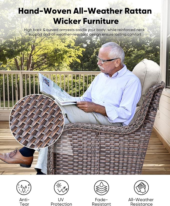 HUMMUH 10 Pieces Patio Furniture Set with Fire Pit High Back Wicker Outdoor Furniture Set Swivel Rocker Chairs 3-Seater Couch for Porch,Deck,Backyard