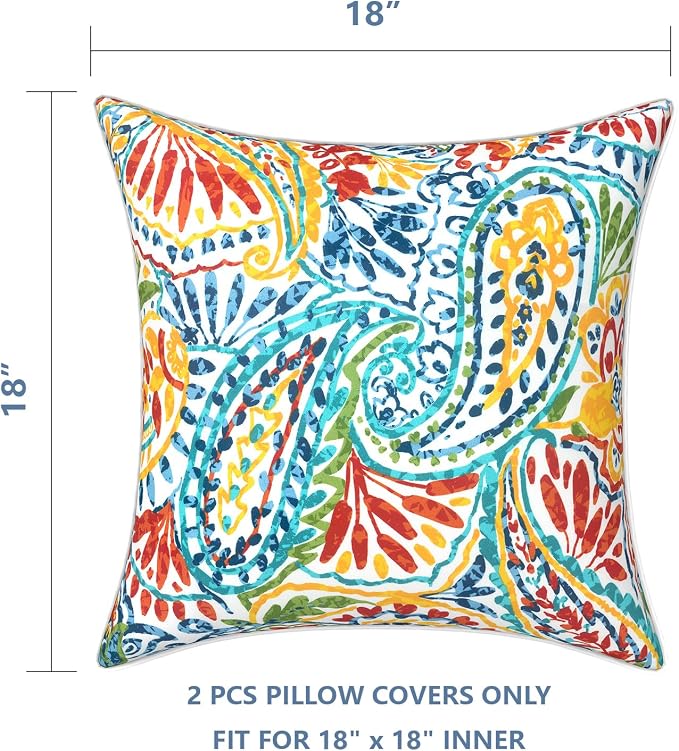 LVTXIII Pack of 2 Outdoor Throw Pillow Covers Accent Waterproof Pillow Covers ONLY, Patio Square Cushion Cases for Garden Balcony Couch Sofa Decoration 18x18 inch, Paisley Multi