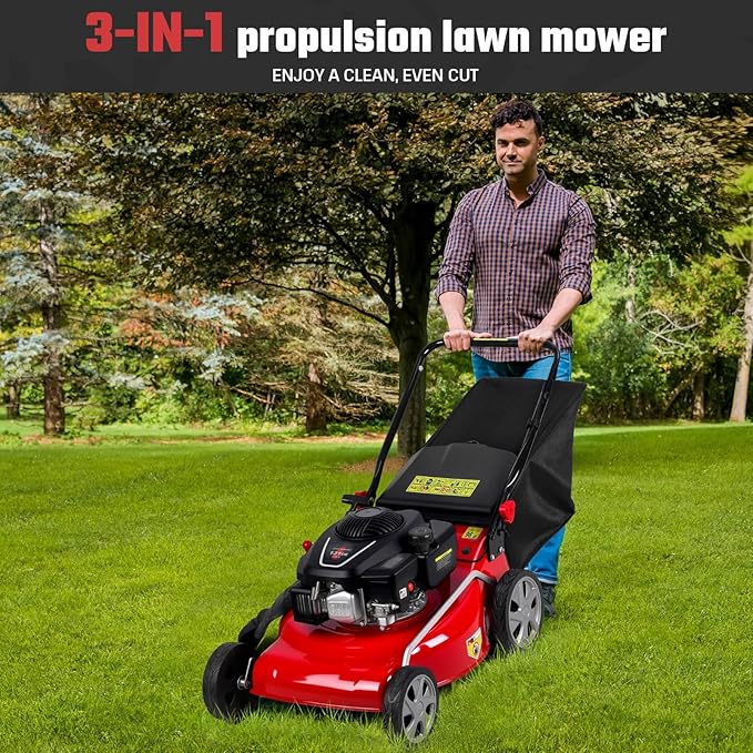 Self Propelled Lawn Mower Gas Powered with 50L Grass Bag Big Wheels 131cc Gas Engine 3 in 1 Mulch Bag Side Discharge Rear Wheel Drive for Hills Uneven 131CC