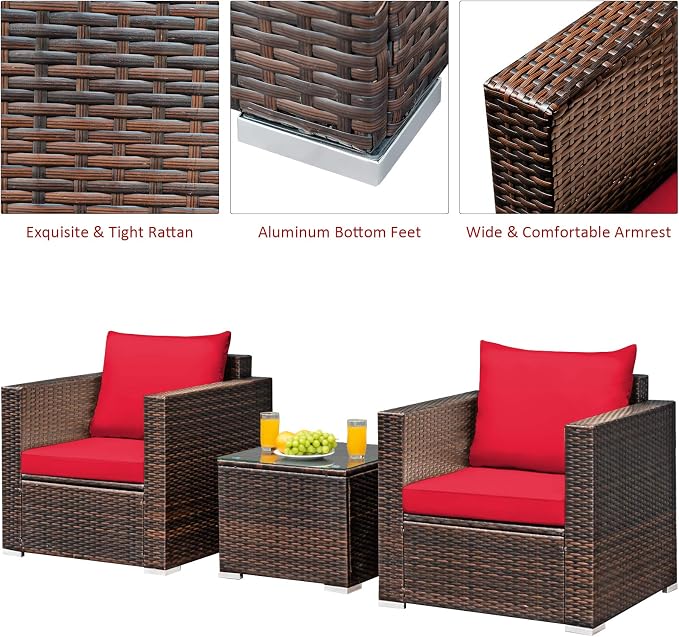 Tangkula 3 Pieces Patio Furniture Set, Outdoor Conversation Rattan Furniture Set w/Washable Cushion and Tempered Glass Tabletop, PE Rattan Wicker Sofa Set for Garden Poolside Balcony