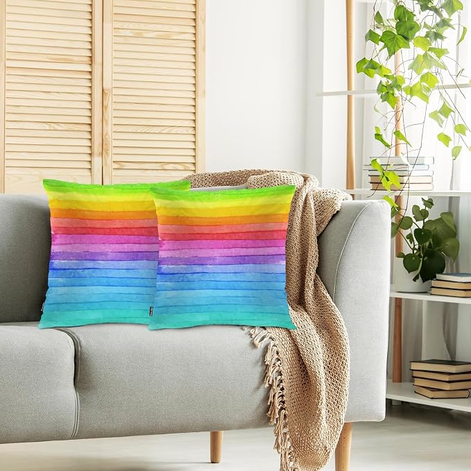 Swono Rainbow Striped Throw Pillow Covers, Watercolor Rainbow Lines Set of 2 Pillow Cases Decorative 18 X 18 Inches, Soft Cushion Cover Pillowcases for Bedroom, Living Room, Cushion Sofa