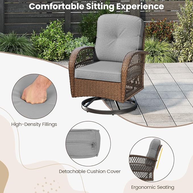 HAPPYGRILL 3 Pieces Outdoor Rattan Swivel Rocker Chairs Set with Tempered Glass Side Table, Outside Sectional Patio Conversation Furniture Set with Swivel Rocking Chairs for Deck Porch Garden (Grey)