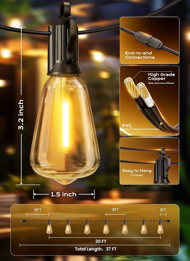 Brightown Outdoor String Lights, 30FT 11+1 LED ST38 LED Patio Lights Shatterproof, Dimmable IP65 Waterproof Connectable Hanging Outdoor Light for Backyard, Porch, Deck, Balcony